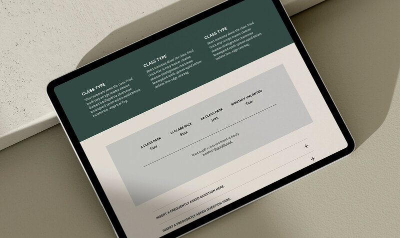 Showit website template featuring a section for boutique fitness studio class types.
