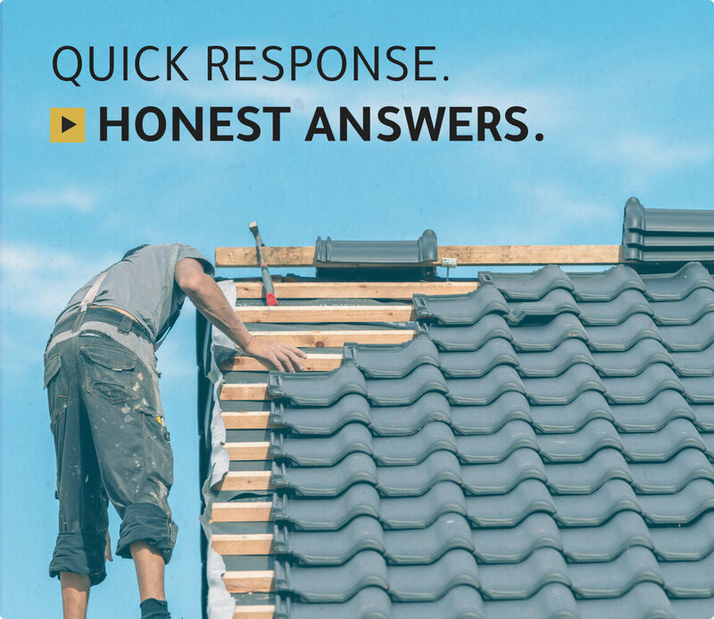 Man working on a roof with Pioneer Construction tagline floating above saying, "Quick Response. Honest Answers."