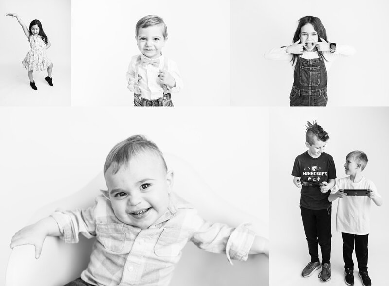 A collage of black and white personality portraits of children and their siblings at a photography fundraiser event in Burlington, Connecticut with Sharon Leger Photography.