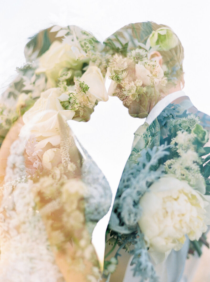 Beautiful double exposure film photograph of bride and groom and flowers