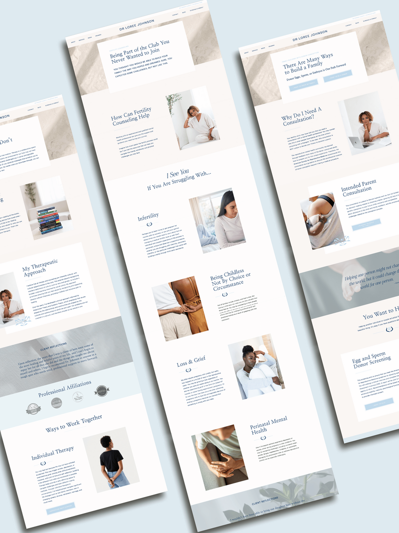 Three-column layout showing internal service pages for Dr. Loree Johnson’s website. Highlights include fertility support, therapeutic values, client stories, perinatal mental health, loss and grief, and professional affiliations—visually grounded in soft textures and a light, airy design.