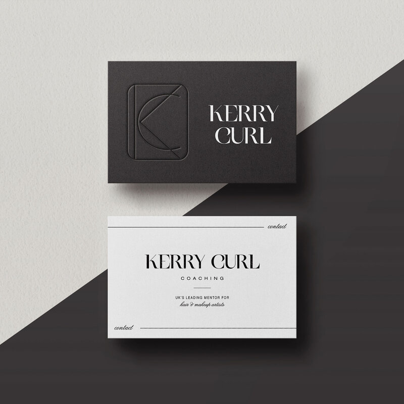 Embossed black and white business cards for Kerry Curl’s luxury brand identity