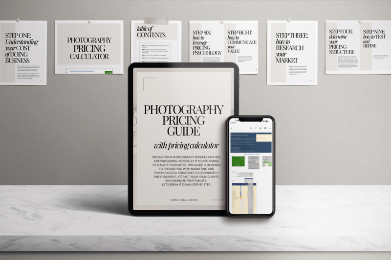 the photography pricing guide with pricing calculator mock up on an ipad and iphone