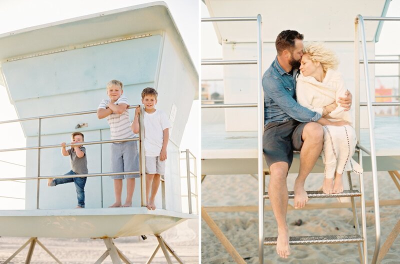 Family sitting on a lifeguard tower during their family session with Daniele Rose Photography