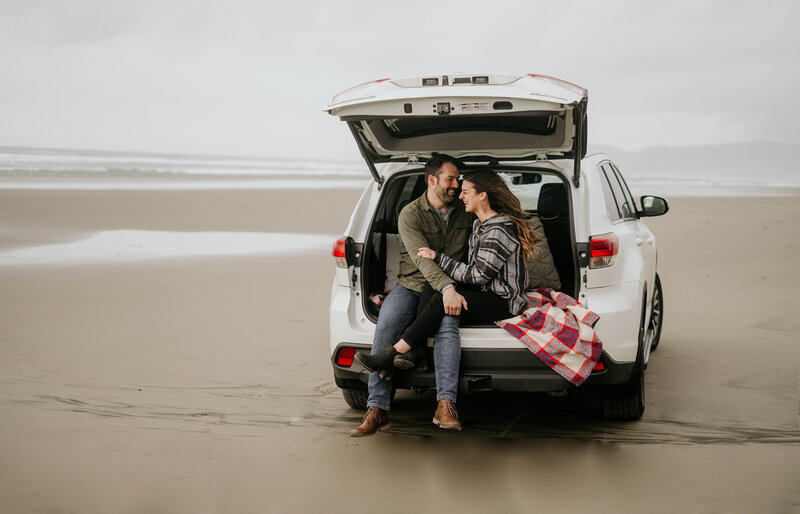 Oregon Cannon Beach Couples Session in back of Jeep
