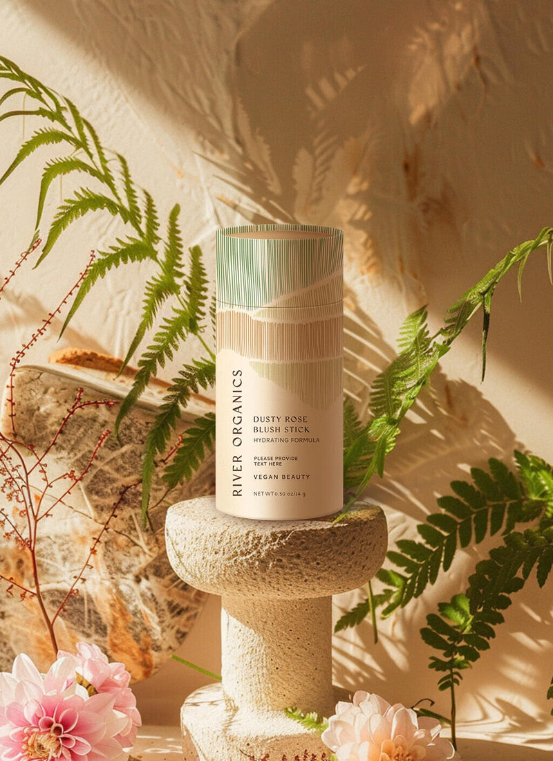 River Organics' Dusty Rose Blush Stick is displayed on a stone pedestal surrounded by lush green ferns. The eco-friendly packaging, featuring soft green and beige tones, reflects the brand’s commitment to vegan beauty and natural ingredients. Sunlight filters through the leaves, creating a warm, earthy ambiance that highlights the product’s organic and hydrating formula.