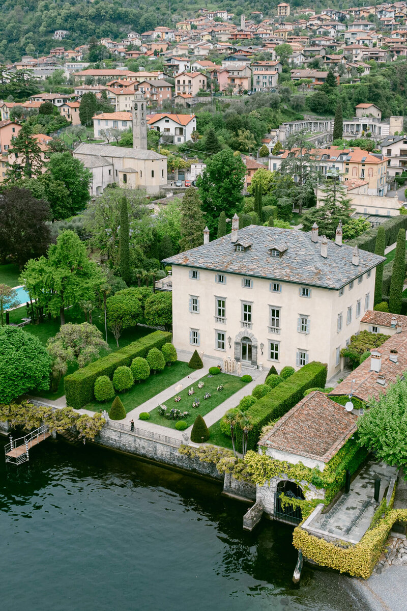 Aerial drone photo look down on Villa Balbiano on Lake Como in Italy