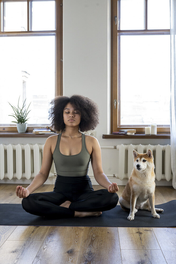 This image shows a black woman with a curly afro wearing a green sports bra and black leggings sitting on a black yoga mat. She faces toward the camera with her eyes closed, hands resting on her knees. A brown and white dog sits on the mat with her, to her left.