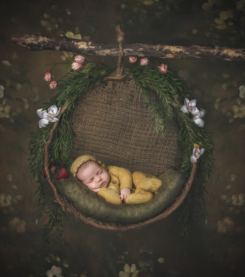  "Sleeping newborn gently resting in a swing made of delicate flower garlands, captured in a whimsical and serene fine art photography session in Ottawa."
