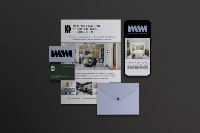 An overview shot showcasing business paperwork, branded materials, and the website displayed on a phone, all highlighting the new Meg Williamson Architectural Production logo. This cohesive branding reflects the company’s modern, industrial style and professional identity across all platforms.