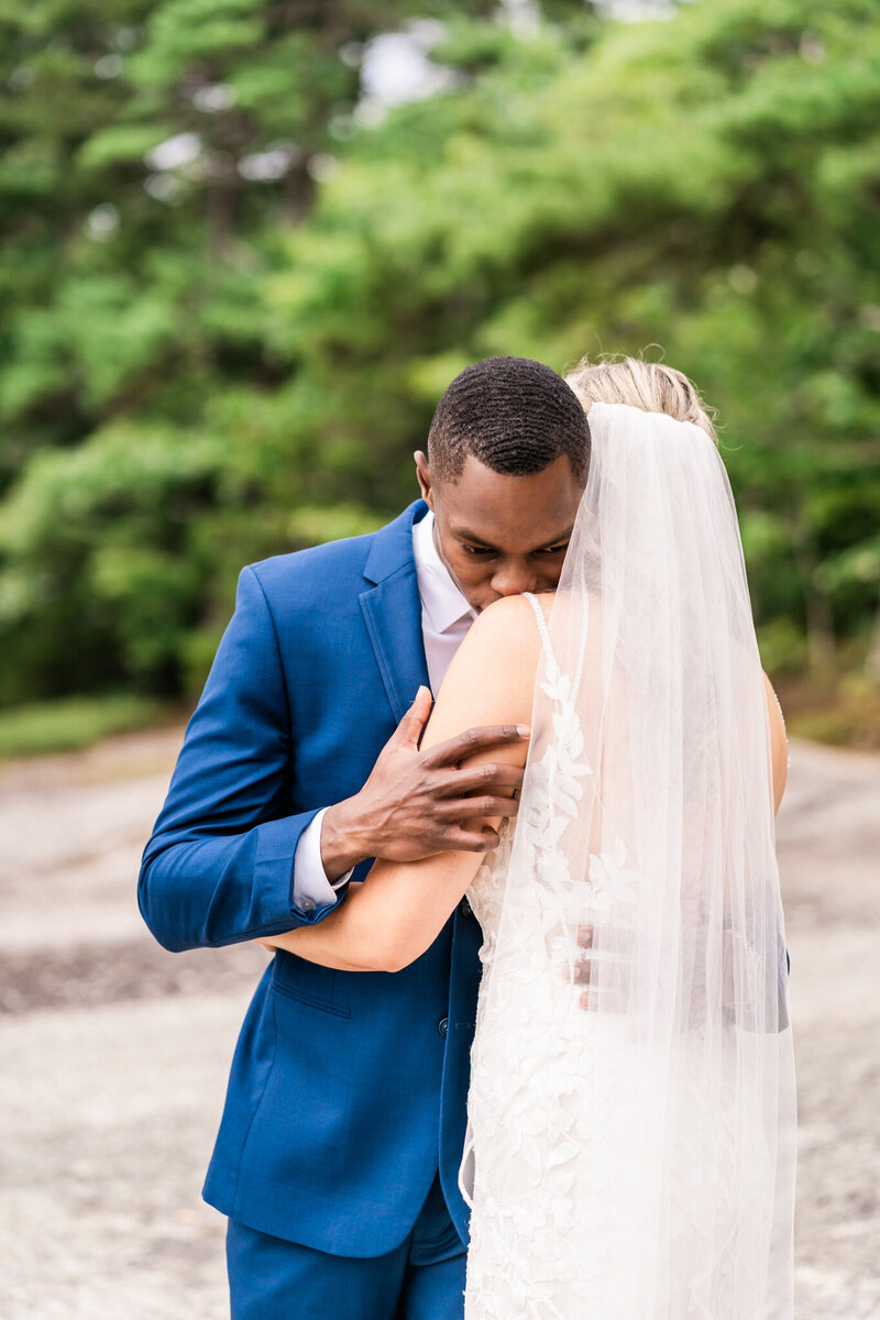 Couple hugging after their first look during their elopement |  Maine elopement photographer | Adventure and Vows