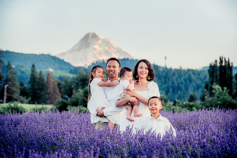 Family in lavender field