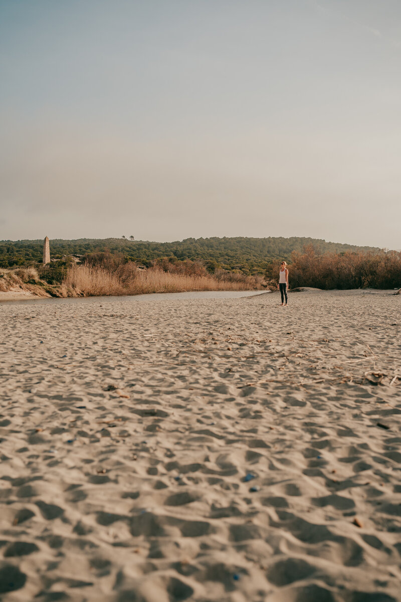 Breiter Strand mit Turm und Bäumen
