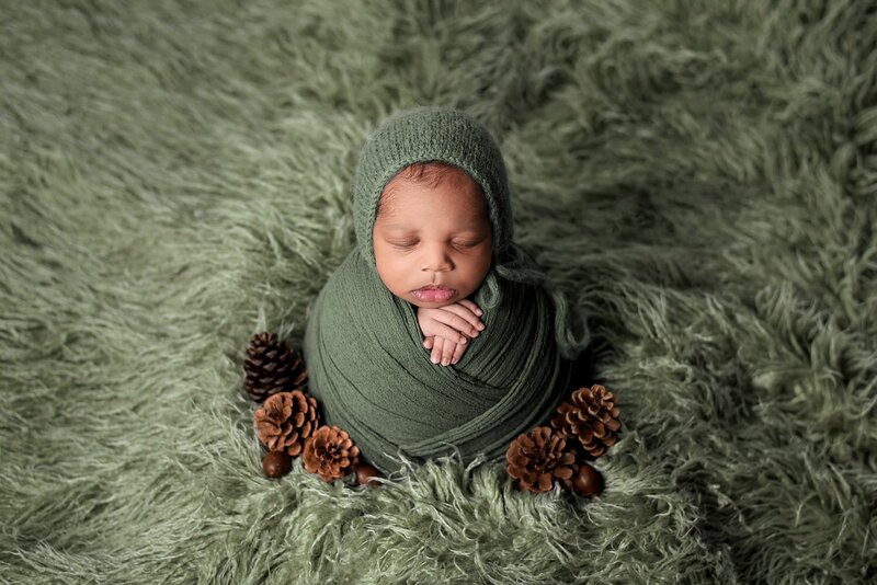Burnaby newborn session with baby boy wrapped in green with a bonnet and pinecones