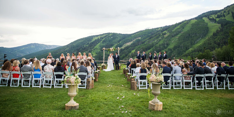 A nice wide angle photo of how pretty the ceremony space is at Thunderhead Lawn at the Steamboat Springs Ski Resort in Colorado