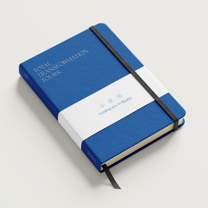 Notebook design, featuring Total Transformation Tours logo design and icon illustrations.
