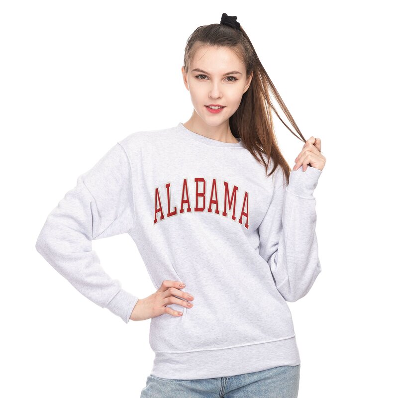 white relaxed sweatshirt with college state across chest