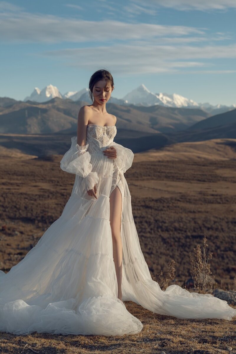 A beautiful woman wearing a couture bridal dress photographed in wild fields with snow capped mountains in the background.