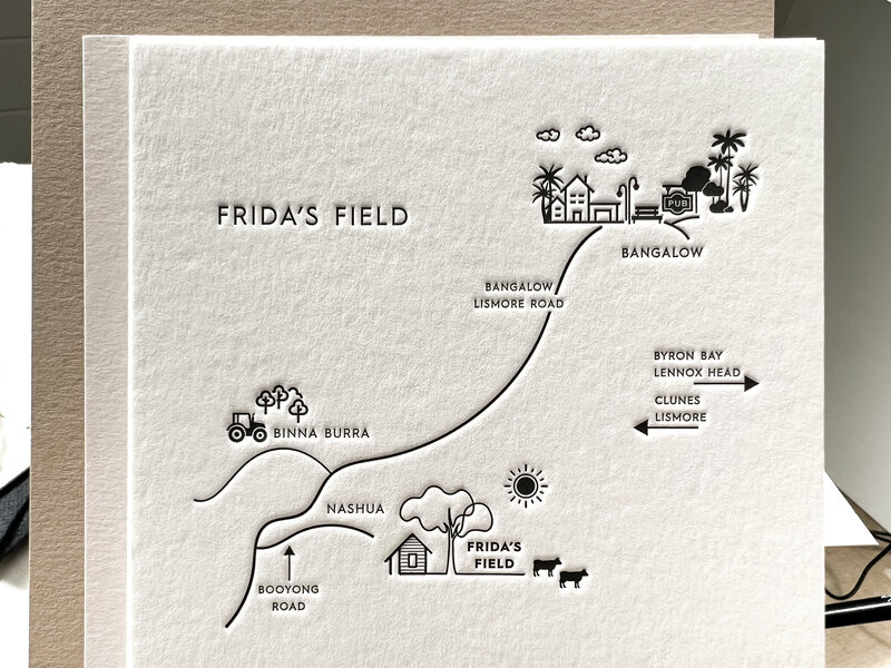 Celia letterpress  wedding invitation map for Fridas field byron bay