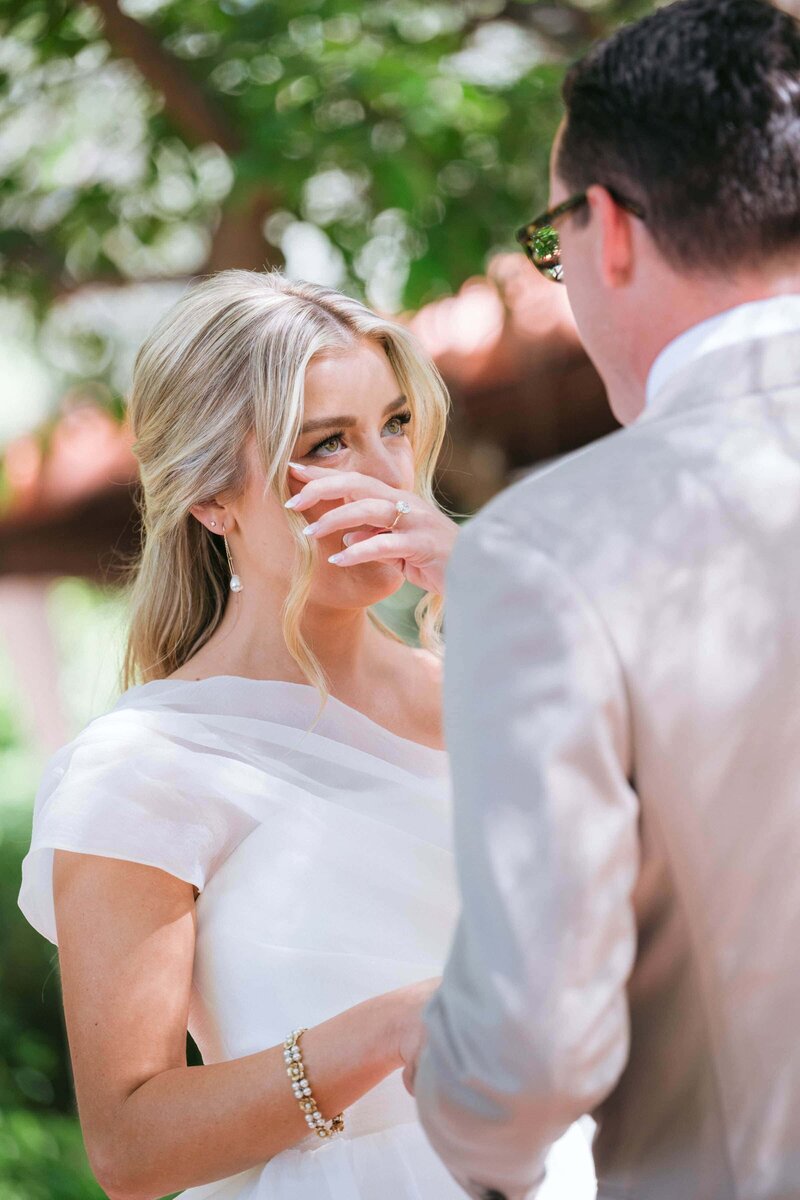 Emotional candid moment between bride and groom during their El Chorro wedding ceremony, captured by El Chorro wedding photographers in Scottsdale, Arizona.