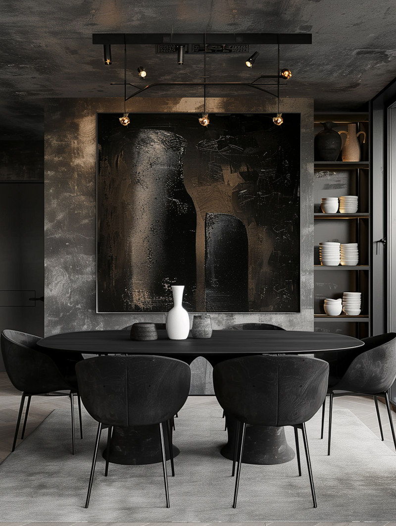 Modern dark-toned dining room with elegant design, reflecting Ayah Official’s luxury, strategy-driven approach to business and brand mentorship.