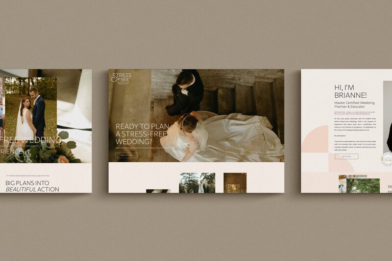 A flat lay of three screens shows the Showit template customization for Stress Free Weddings crafted by expert Showit Designer Bayou Brand House.