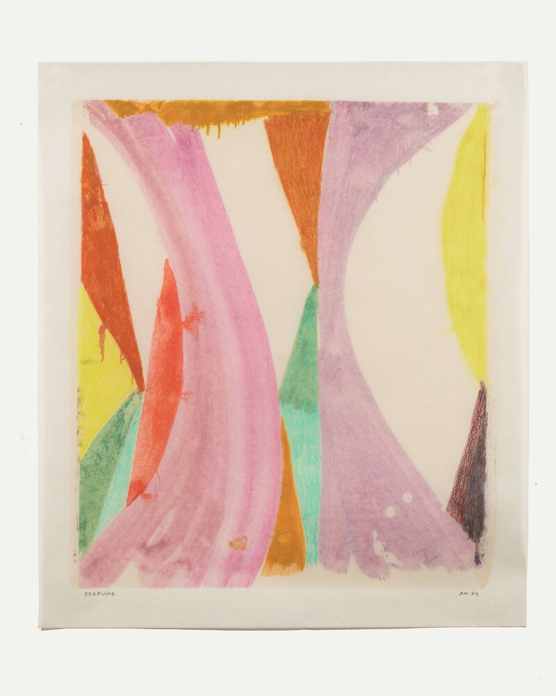 'Perfume' by Anna Kunz – a monotype with hand coloring on gampi paper backed with sekishu paper, measuring 24 7/8 x 21 1/2 inches.
