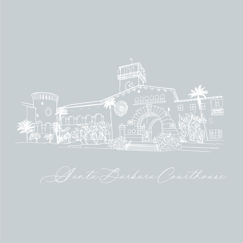 Venue illustration, line drawing, digital drawing, custom artwork, Santa Barbara County Courthouse, Sunken Gardens, SB, Keri Leo Design