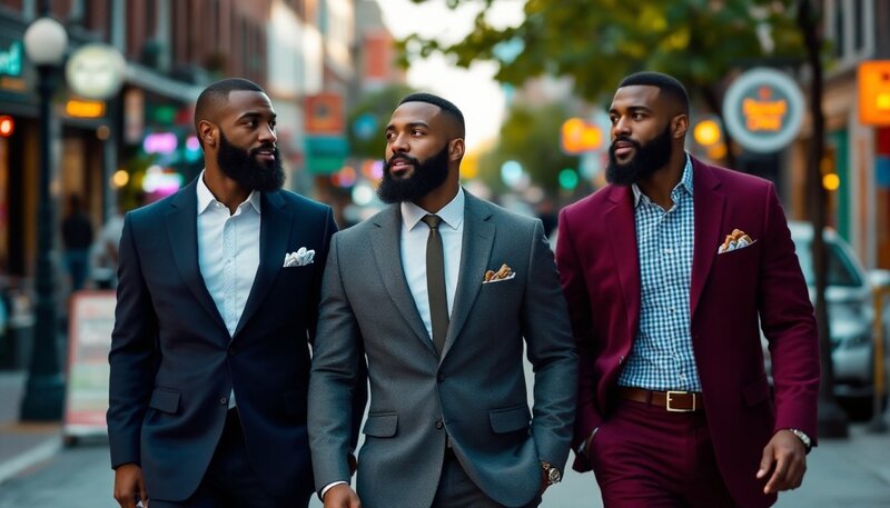 Three black men with full beards dressed in suits walking in an urban city