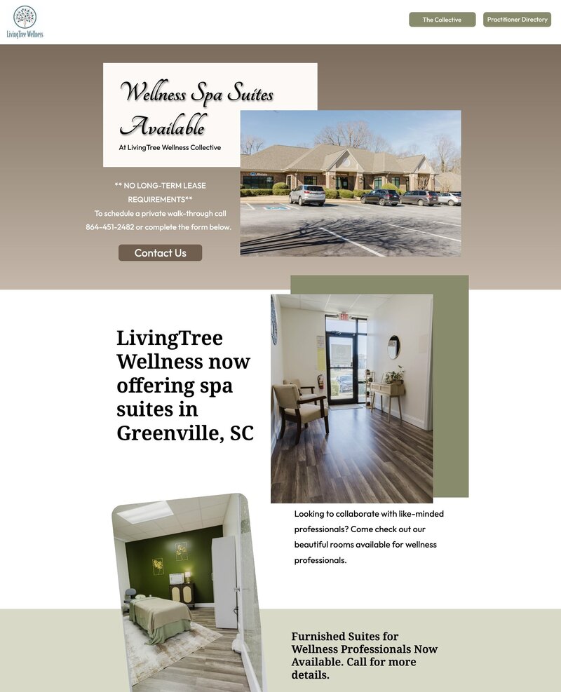 LivingTree Wellness Collective webpage showing room rental options for spa professionals