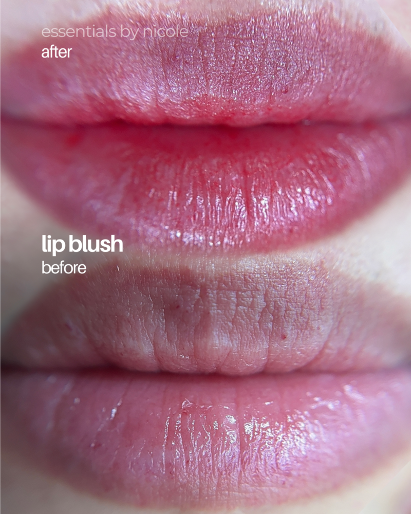Before and after lip blush showing soft pink tint from permanent makeup