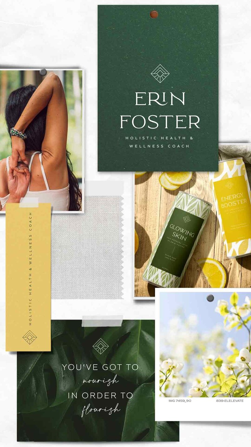logo, images and other elements of the branding package shown on a mood board
