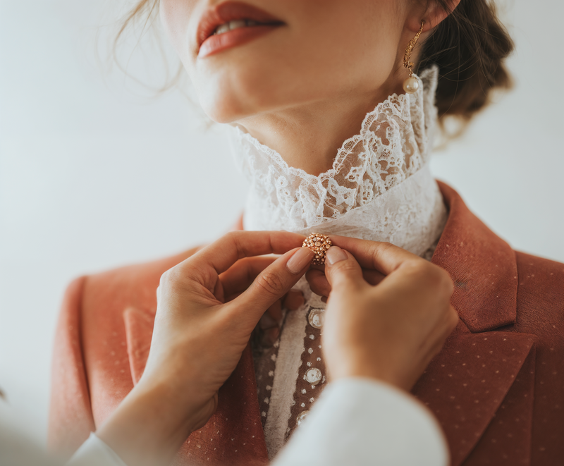 Woman in soft knitwear holding a script page in front of her face, surrounded by gold rings, capturing the power of voice, mystery, and the first step of self-expression.