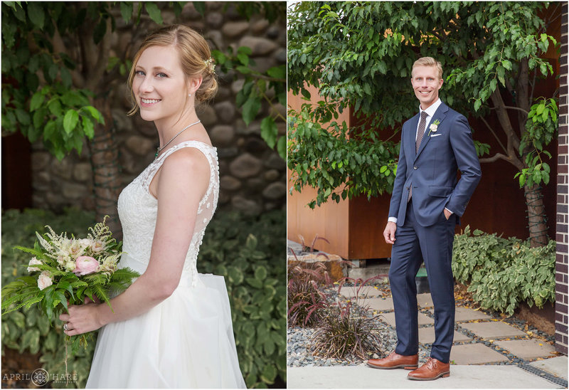 Individual portraits of a bride and groom on their wedding day outside of Aurum Food & Wine in Steamboat Springs