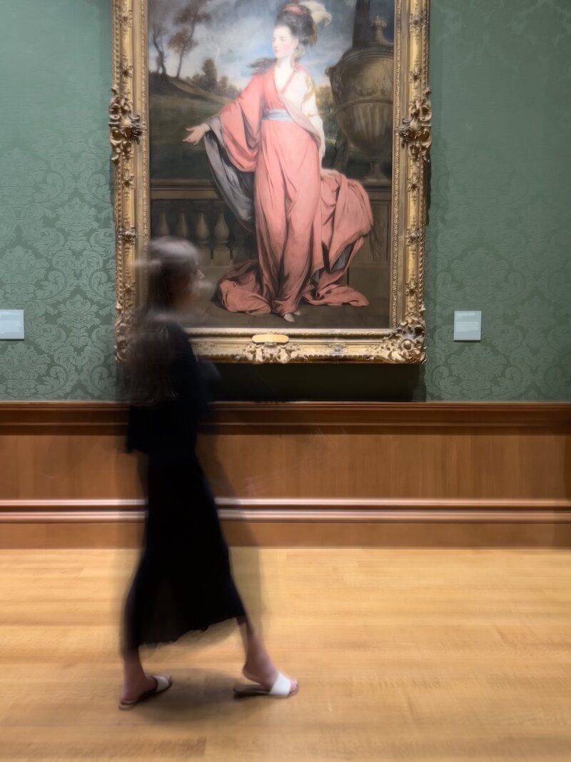 A blurred figure walks past a large, ornate-framed painting of a woman in a pink dress on a museum wall, conveying motion and elegance.
