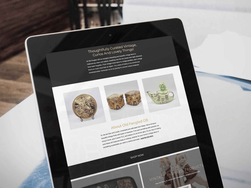 Tablet screen showing Old Fangled GB vintage collection with curated product listings and about section