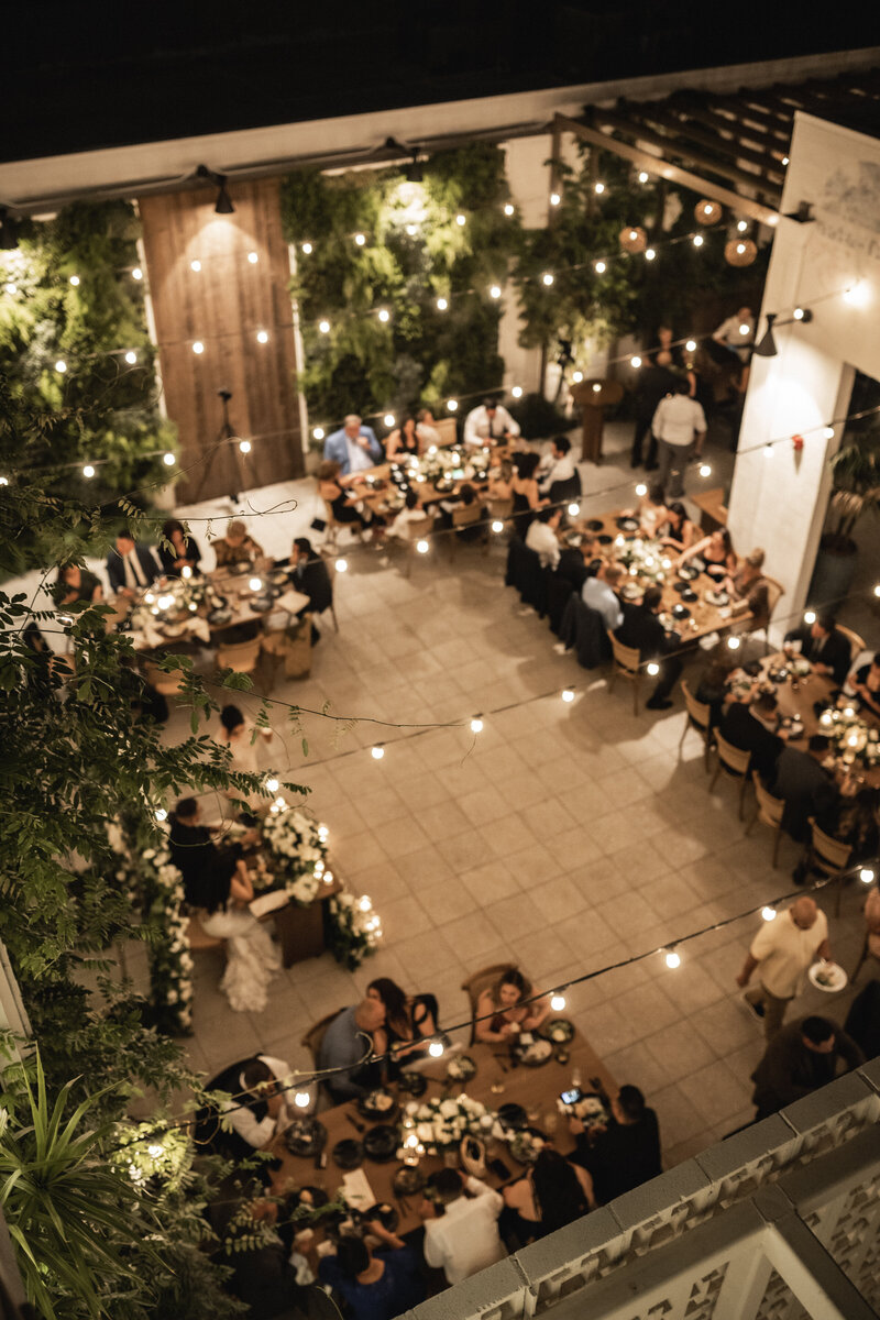 String lights bring romantic energy to Hart and Main's courtyard at night