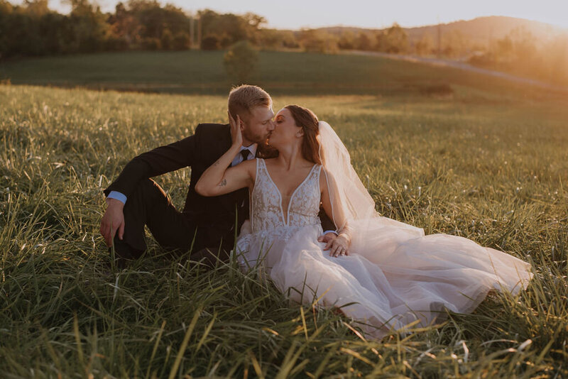 In a sunlit field in Virginia, a bride in a flowing white gown and veil kisses her groom in a black suit. Surrounded by lush greenery under a clear sky, the serene and romantic scene looks like it belongs in an elegant reception venue gallery during golden hour.