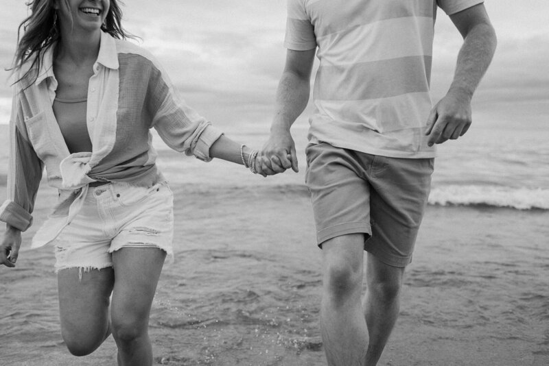 black and white beach engagement photos