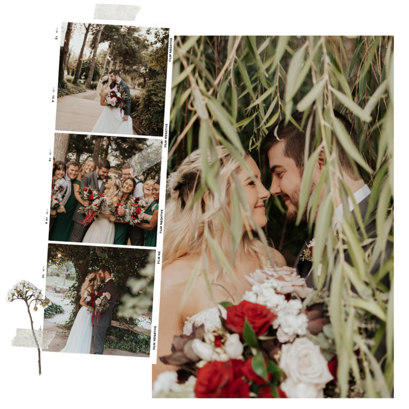 A collage imitates film; The left photo is a bride and groom kissing, as the veil flies in the wind and the bouquet is off to the side. The right photos are the bride and groom going under the hands of the bridal party, the wedding details, and a bridal portrait.