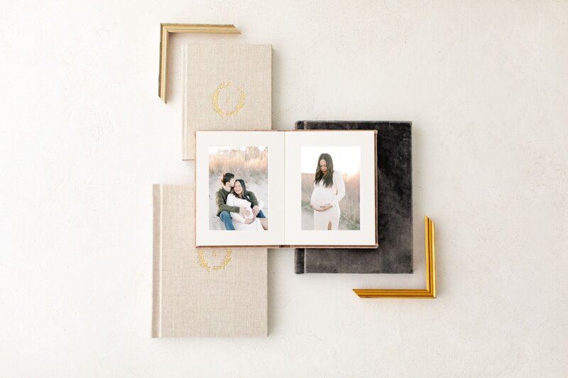 Photo album laid out with photo frames.