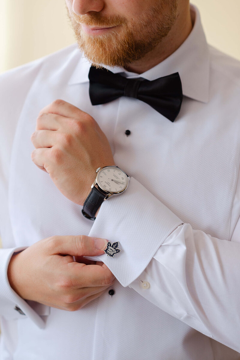 groom watch, cufflinks and bowtie details captured by Ottawa wedding photographer JEMMAN Photography