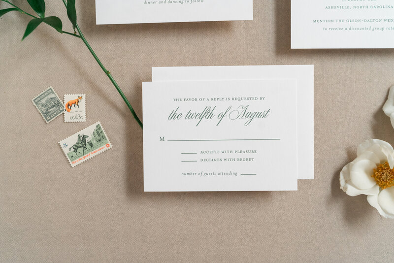 Simple White and Green Semi-Custom Wedding Invitation with Monogram  and Envelope Liner