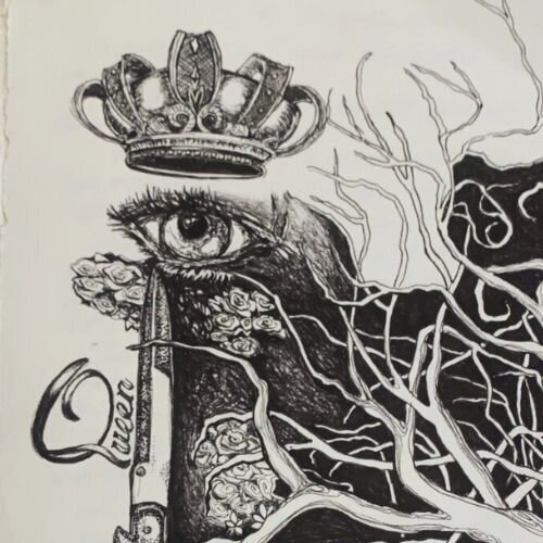 Rebel heart Tarot - Queen of Swords sketch by Suzanne Merritt, Hand-drawn Archetype.
