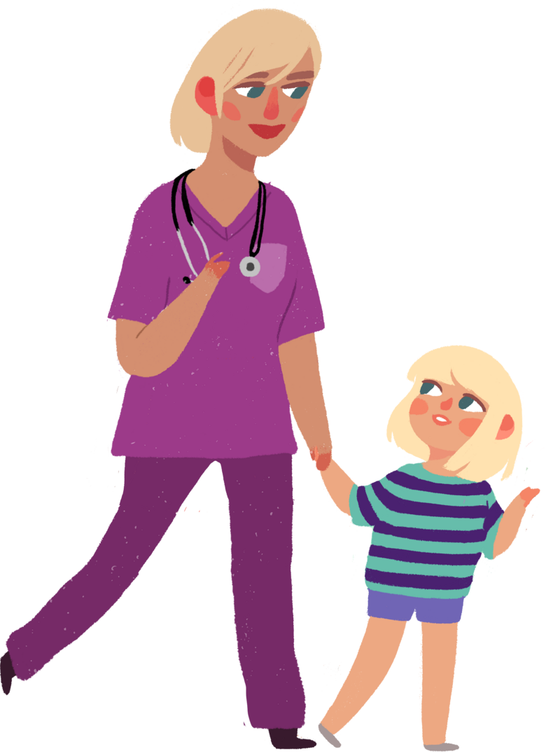 cartoon nurse mother in purple scrubs holding little girl hand