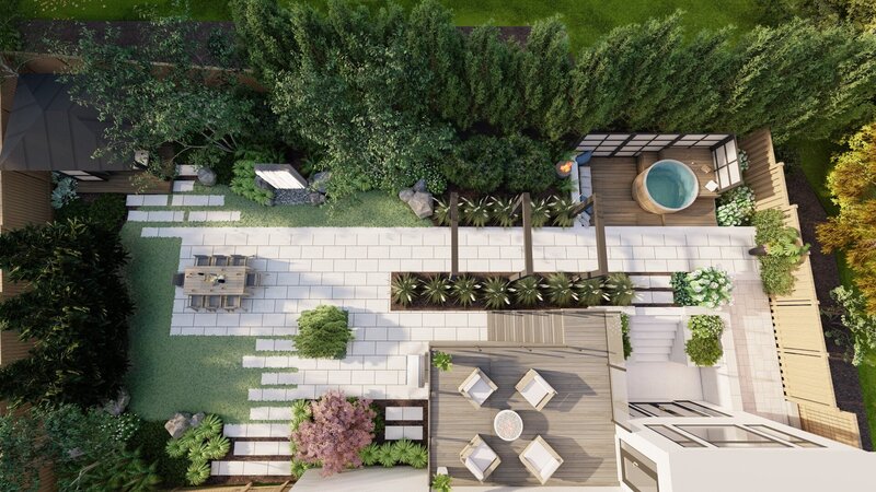 birds eye view of a modern backyard