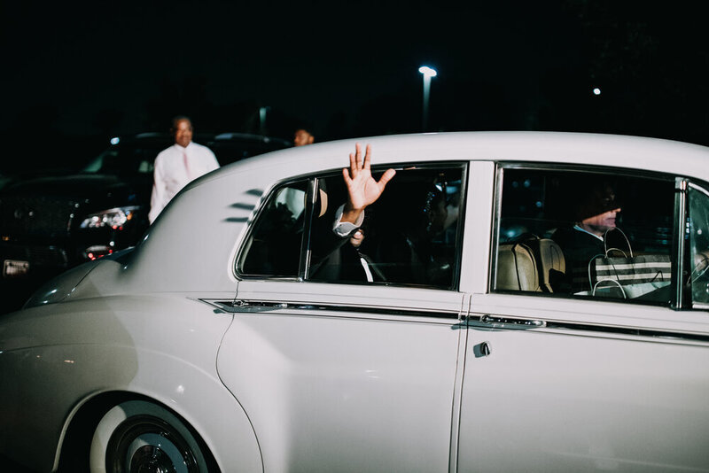Swank Soiree Dallas Wedding Planner Mickala and Joe at Aristide Mckinney - leaving the reception in a white car