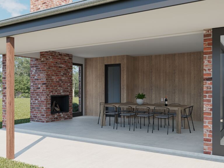 Alfresco area with red brick fireplace and timber panelled wall with large outdoor setting