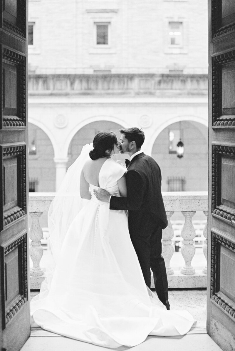 black and white portrait of boston public library wedding couple by Boston wedding photographer