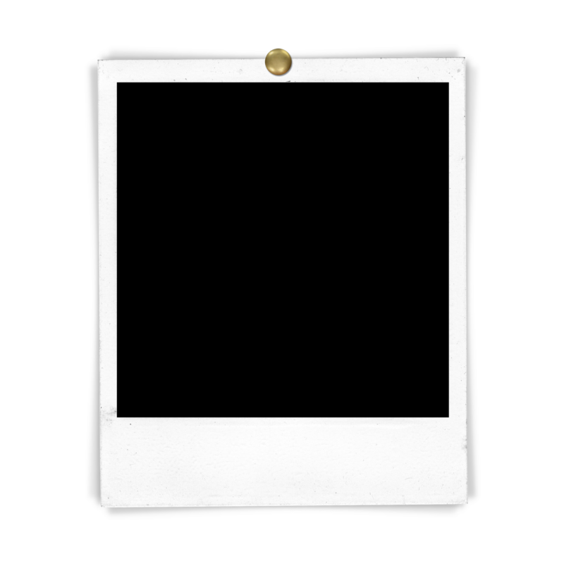 White polaroid with gold pin graphic.